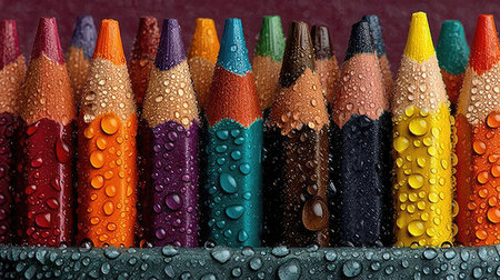 Close-up of color pencils with water drops on the surfaceの素材