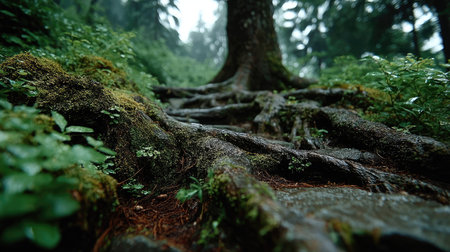 Giant tree roots in the rain forest. Natural background. Shallow depth of fieldの素材