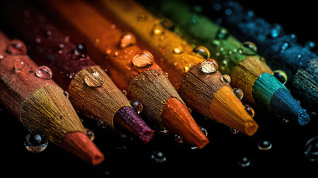Color pencils with water drops on black background, close up.の素材
