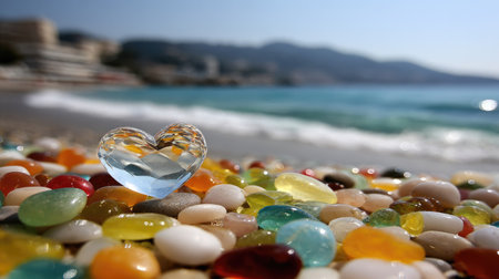 Heart of jelly beans on the beach with sea in the background.の素材