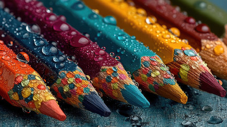 Colorful pencils with water drops, close-up, macroの素材