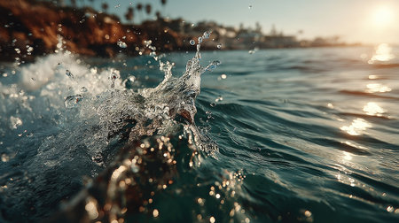 Splashes of water on the background of the sea at sunset.の素材