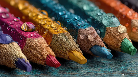 Colorful pencils with drops of water on a wooden background.の素材