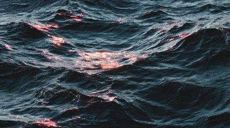 Sea water surface texture with sunbeams, closeup of photoの素材