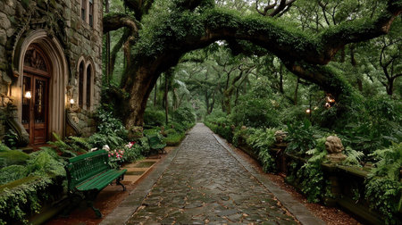 Garden with a bench and a large oak tree in the foregroundの素材