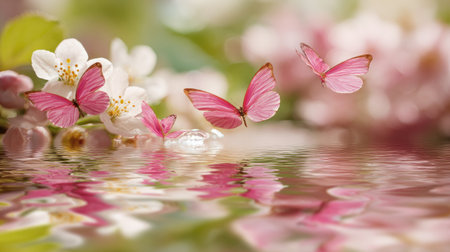 butterflies and cherry blossoms reflected in rippled waterの素材