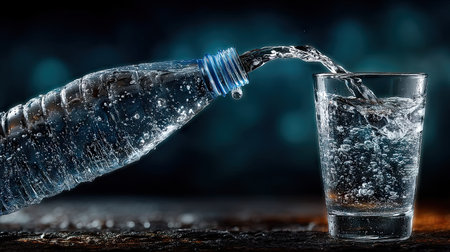 Pouring water into a glass with ice cubes on a dark backgroundの素材