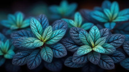 Blue leaves with water droplets on dark background. Close up.の素材