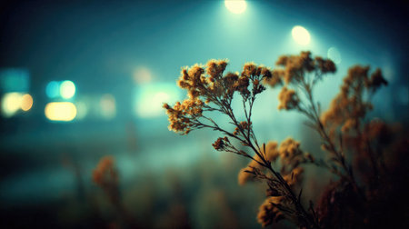 Dry grass in foggy meadow at night. Selective focusの素材