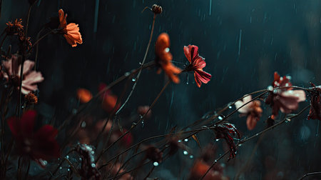 Flowers in the rain on a dark background with a drop of rainの素材