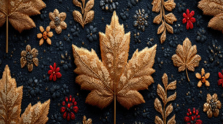 Fabric with a pattern of autumn leaves and berries on a black backgroundの素材