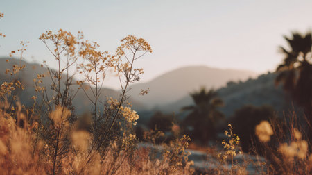Wildflowers in the desert at sunset. Vintage filter applied.の素材