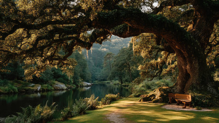 Wooden bench under the big old oak tree in the park.の素材