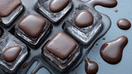 Chocolate candies in ice cubes on blue background. Toned.の素材