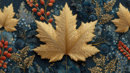 3d illustration of autumn background with leaves and berries, top viewの素材