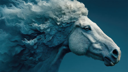 White horse with a cloud of smoke on a dark blue background.の素材