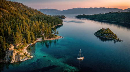 Aerial view of the Lake Tahoe at sunset, California, USAの素材