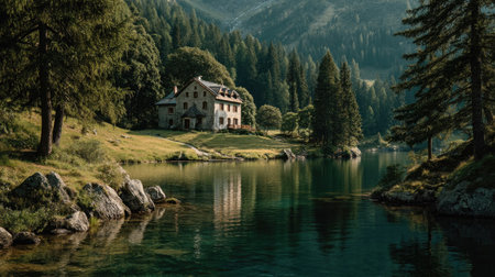 Beautiful alpine landscape with lake and old house in mountains.の素材