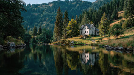 Beautiful alpine lake with a small chapel on the shore.の素材