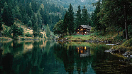 Wooden house on the shore of a mountain lake with reflection in waterの素材