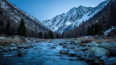 Mountain river in the winter forest. Mountain river in the mountainsの素材