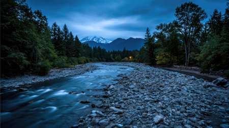 Landscape view of a mountain river at night. Long exposure.の素材