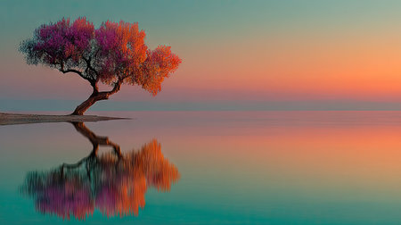 Beautiful spring landscape with lonely tree on the lake at sunset.の素材