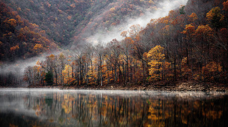 Autumn forest and lake with fog in the morning, North Chinaの素材