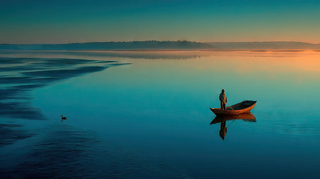 Silhouette of a fisherman in a boat on the sea at sunriseの素材