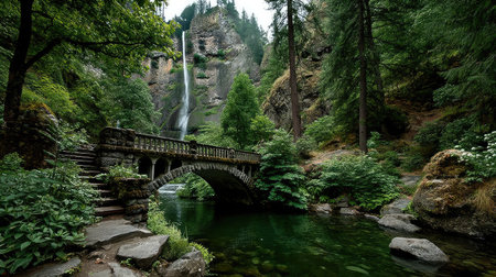 Beautiful view of the waterfall and bridge in the forest in the mountainsの素材