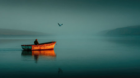 Fishing boat on the lake in the misty morning. Nature composition.の素材