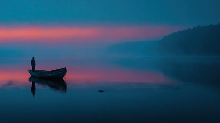 Fishing boat on the lake at sunrise with a misty skyの素材