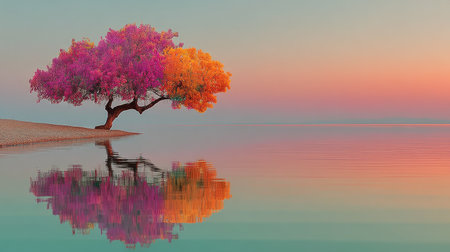 Autumn tree reflected in the water at sunset. 3d renderの素材