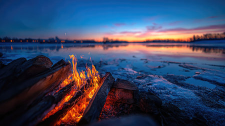 Bonfire on the shore of a lake at sunset in winter.の素材