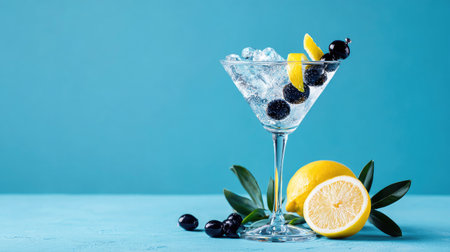 Cocktail with blueberry, lemon and olives on blue backgroundの素材