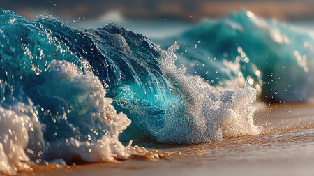Blue ocean wave breaking on sandy beach. 3d render illustration.の素材