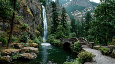 Waterfall and bridge in Yosemite National Park, California, USA.の素材