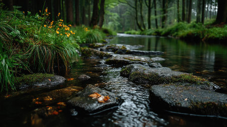 River in the forest with mossy rocks and colorful flowers in the foregroundの素材