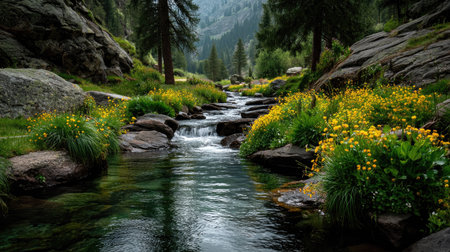 Mountain stream with yellow flowers in the highlands of Kyrgyzstanの素材