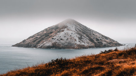 Panoramic view of a mountain in the middle of the seaの素材