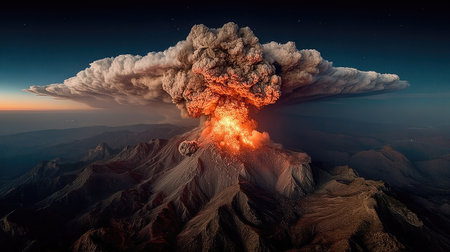 3d illustration of a volcano eruption with a huge cloud of smokeの素材