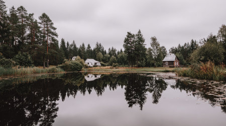 Abandoned wooden houses on the shore of a lake in Finlandの素材