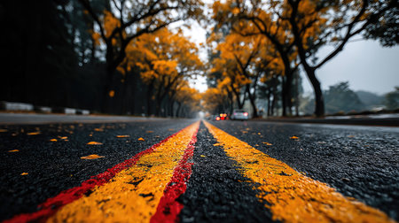 Asphalt road with yellow and red line in the middle of the forestの素材