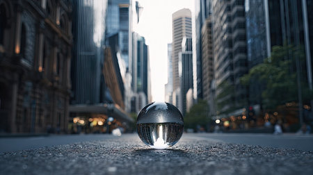 Glass ball on the road in the middle of the city. 3d renderingの素材