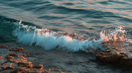 Sea wave breaking on the rocky shore in the rays of the setting sunの素材