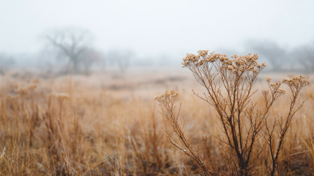 dry grass on a foggy meadow in early spring. soft focusの素材