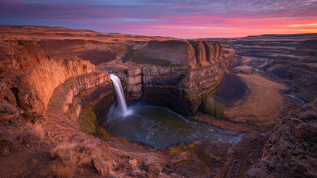 Sunset view of Seljalandsfoss waterfall, Icelandの素材