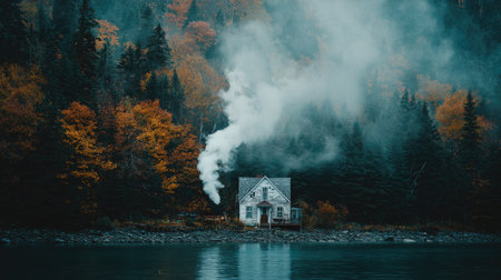 Cottage in the middle of the forest with fire and smoke.の素材