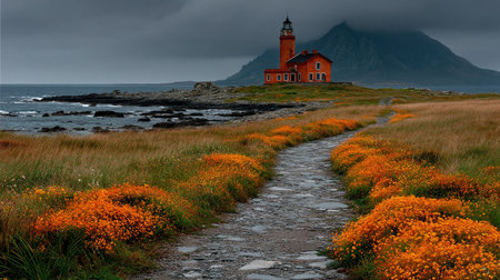 Lighthouse on the coast of the Lofoten islands, Norwayの素材