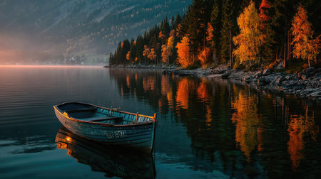 Fishing boat on the lake in autumn, Lake Bohinj, Sloveniaの素材